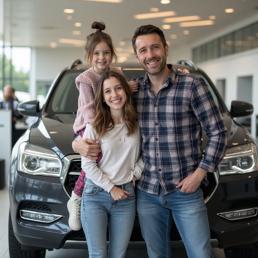 Familia feliz con su nuevo coche